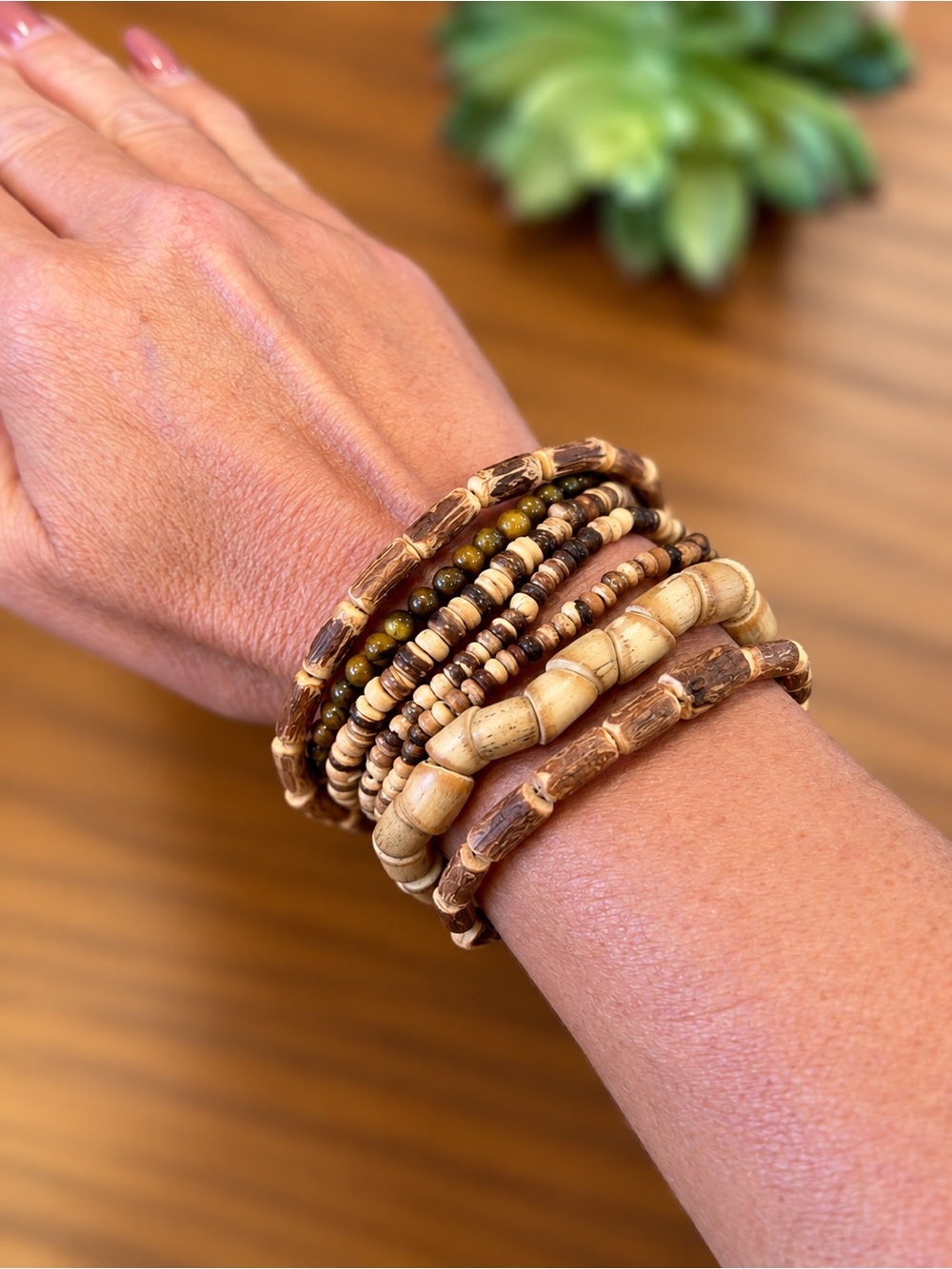 Boho Earth-Tone Wood & Beaded Stretch Bracelet Stack